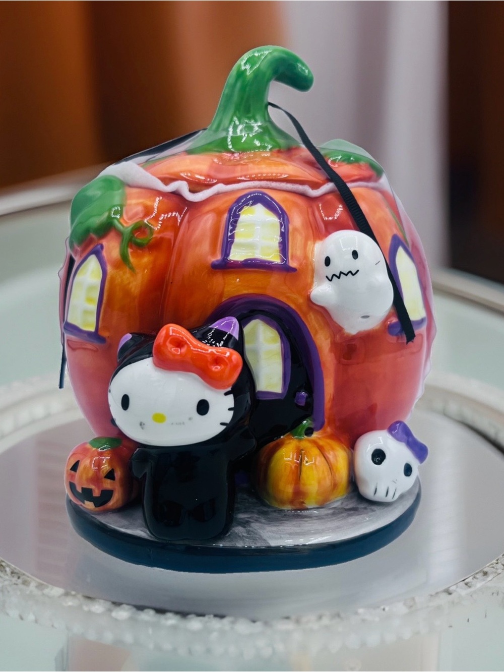 Hello Kitty Halloween Pumpkin Lidded Candy Bowl Blue Sky Clayworks Ceramic NEW